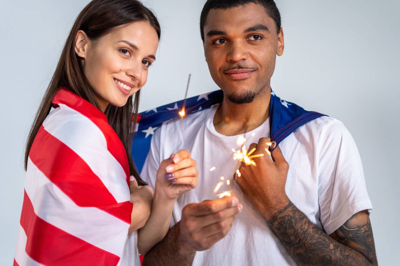 USA, America, flag, independence, July4, patriotic, celebration, freedom, stars, stripes, holiday, national, pride, red, white, blue, fireworks, democracy, country, banner, liberty, people, two people, couple, July 4, 