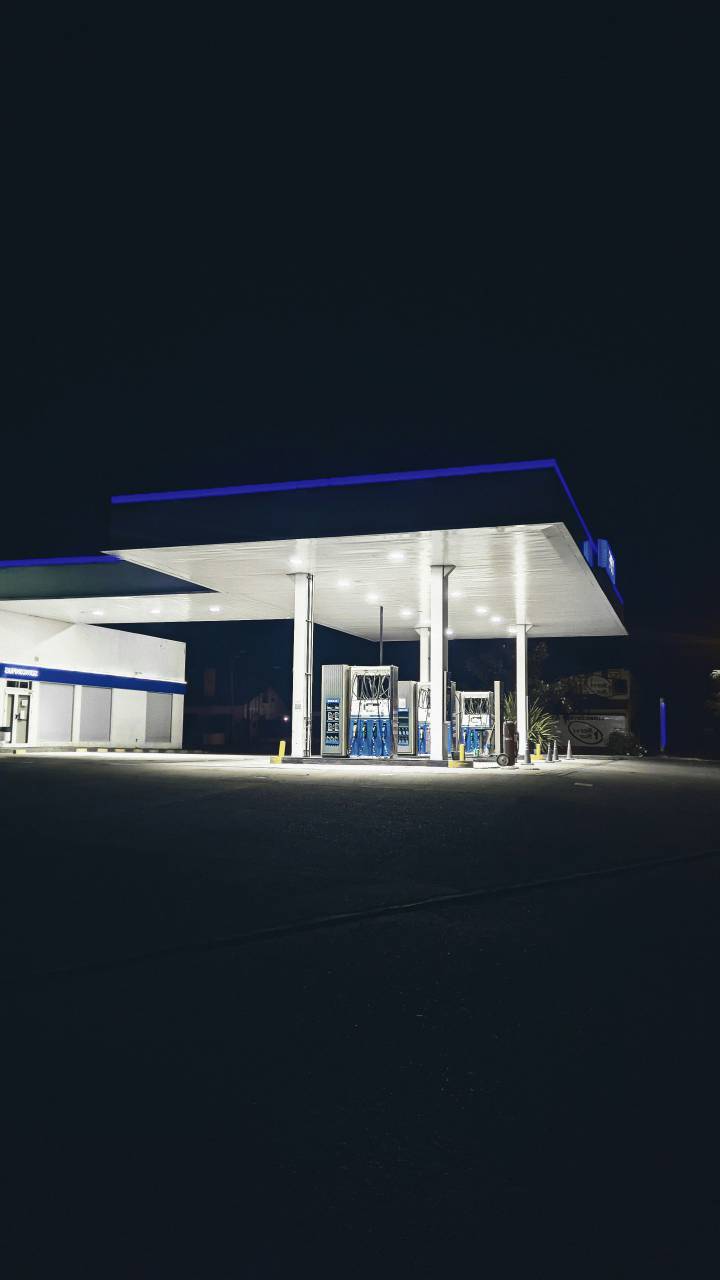gas, station, night, illuminated, lights, fuel, petrol, energy, service, urban, neon, modern, convenience, pump, travel, vehicle, road, transportation, dark, refuel, 