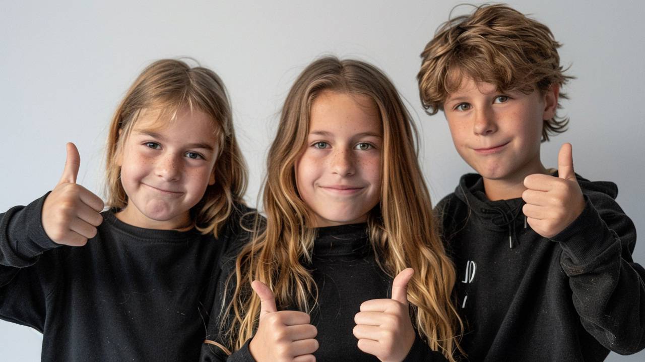 children, thumbs-up, smiling, camera, happy, boys, girls, friends, outdoors, portrait, casual, childhood, joy, fun, togetherness, 12 years old, teen, 