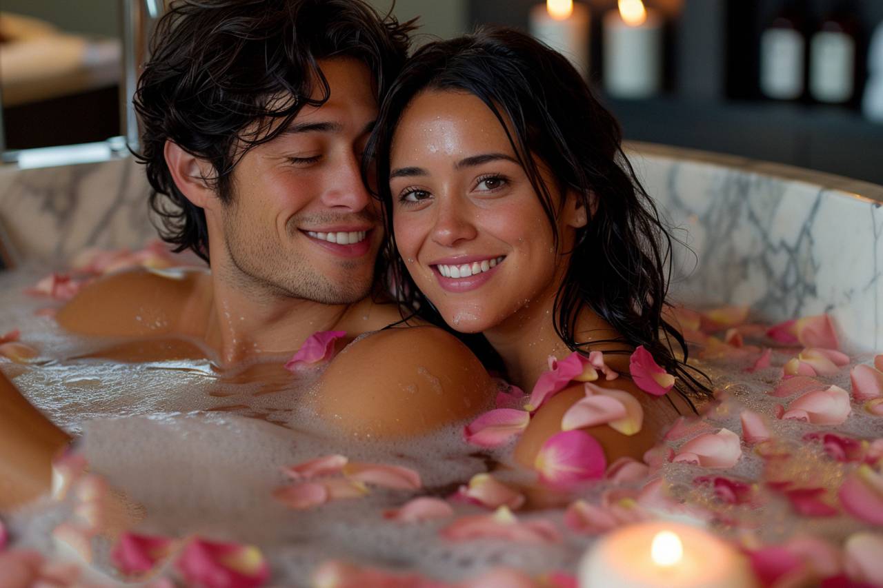 couple, bathtub, romance, rose petals, candles, intimate, love, relaxation, luxury, spa, sensual, romantic, cozy, bath, ambiance, 
