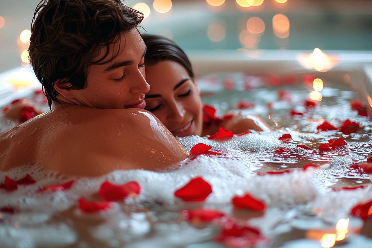 couple, bathtub, romance, rose petals, candles, intimate, love, relaxation, luxury, spa, sensual, romantic, cozy, bath, ambiance, 