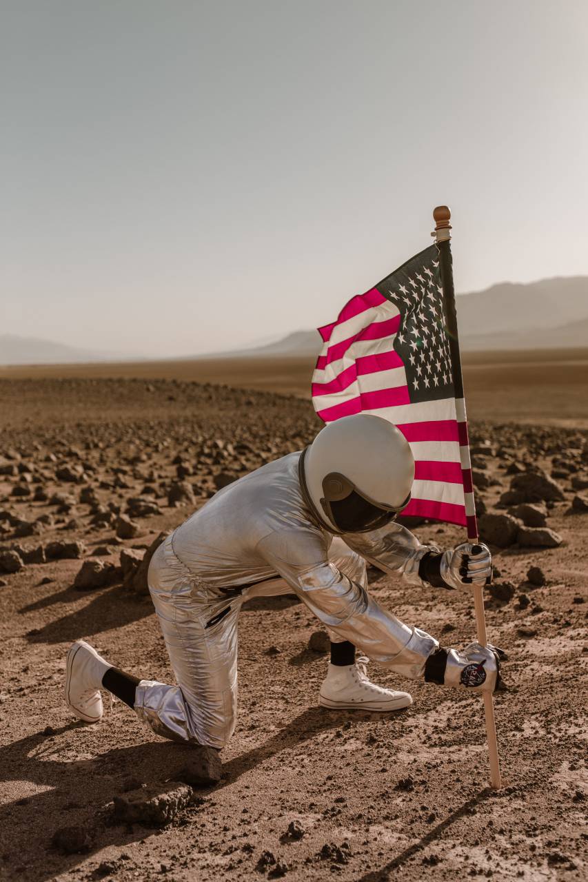 astronauta, clavar, estados unidos, bandera, marte, planeta, hombre,