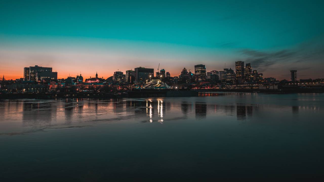 architecture, buildings, infrastructure, blue, sky, sunset, skyline, city, urban, tower, sea, water, reflection, lights
, 