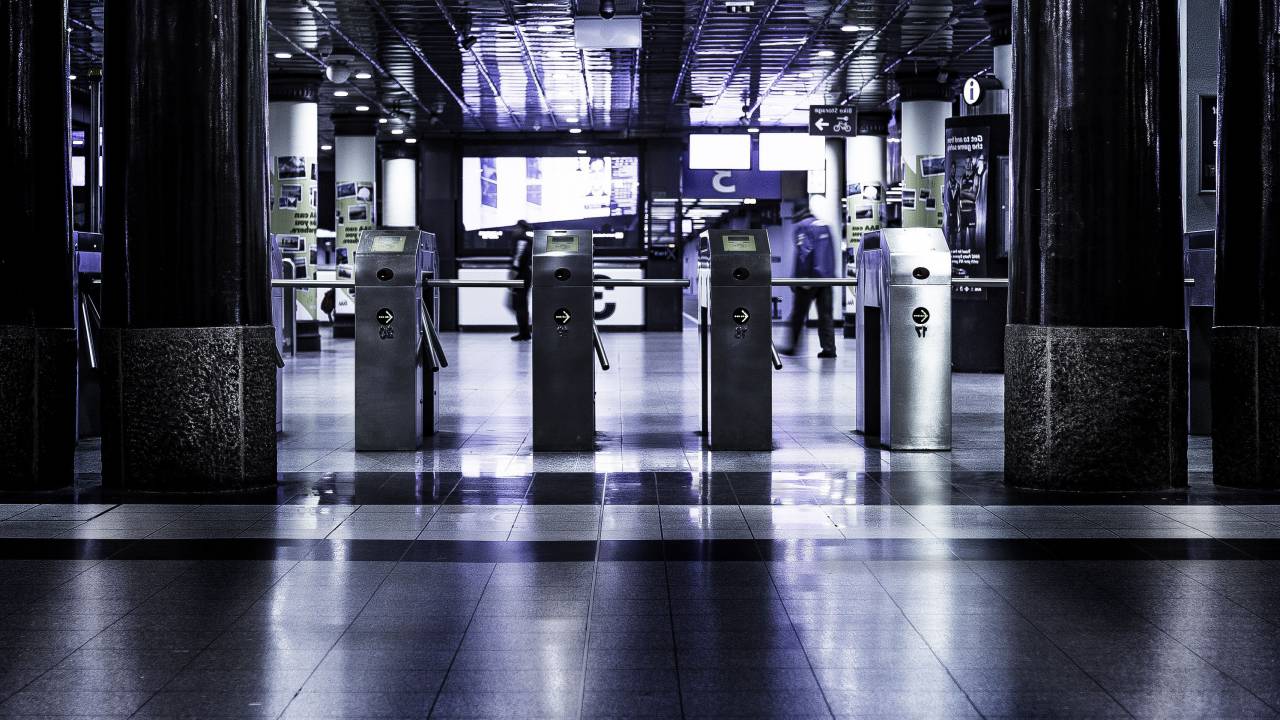 architecture, subway, turnstiles, posts, light, people, lines, shapes, patterns, perspective, light, shadows
, 
