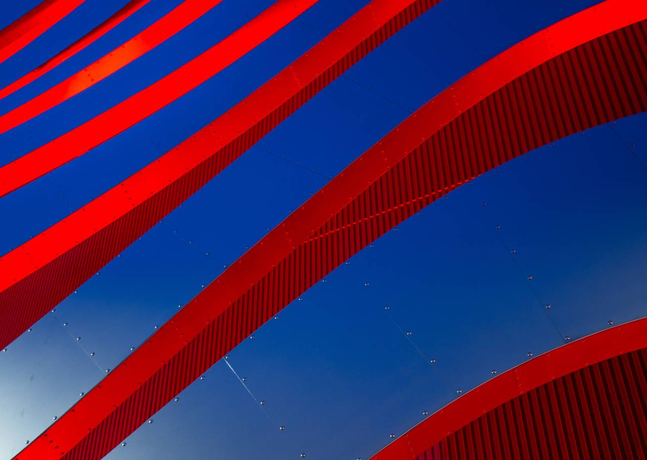 Azul, rojo, acero, diseño, arte, arquitectura, construcción,