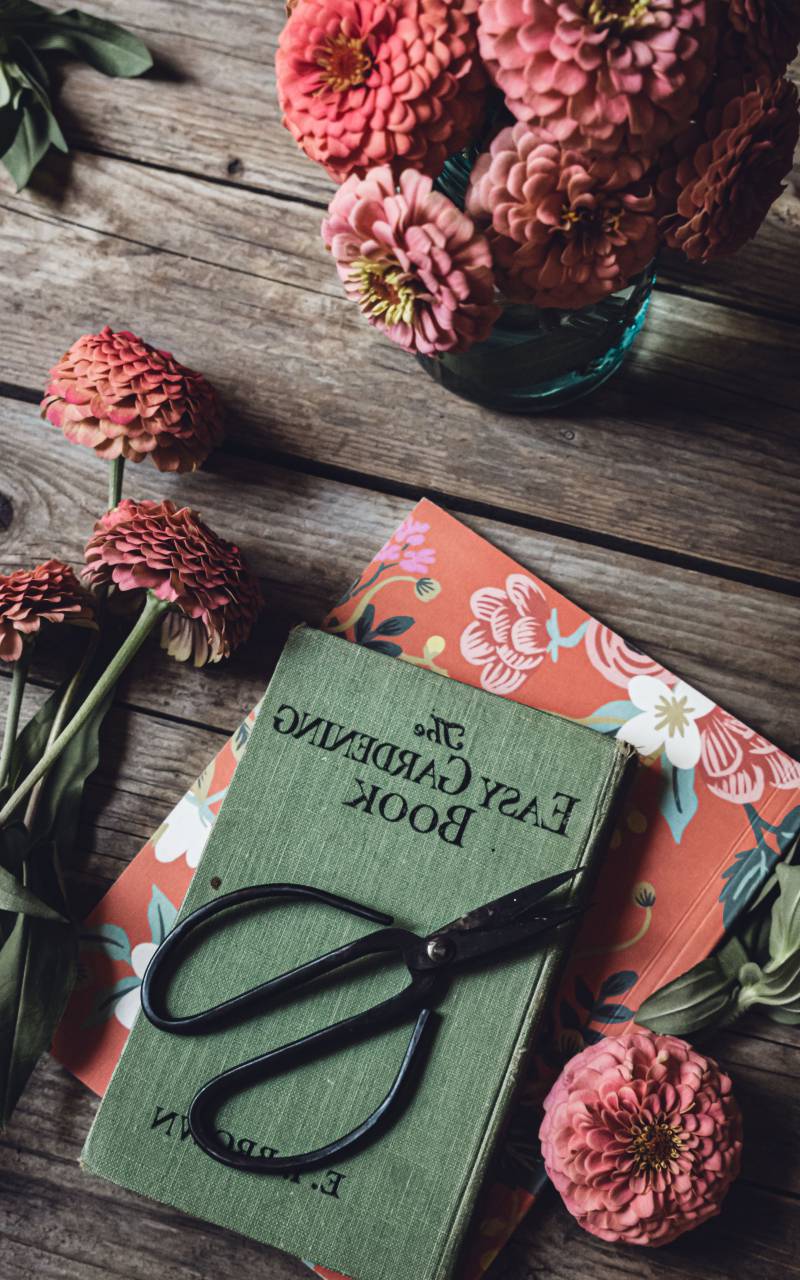 Libro, mesa, flores, rústico, madera, ramo, tijeras, arreglo, fresco, corte, floral, plano, floristería, diseñador, jardinero, arriba,