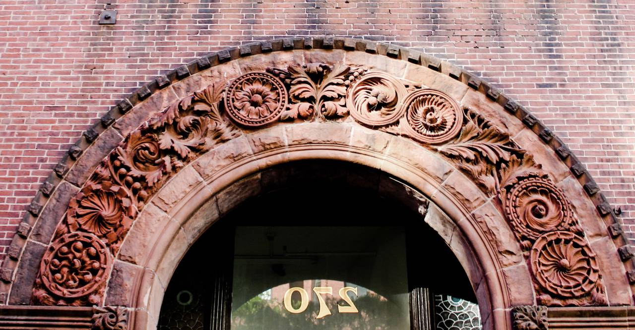 brick, entrance, arch, doorway, exterior, building, city, urban, architecture, wall, glass, door, old, weathered, numbered
, 