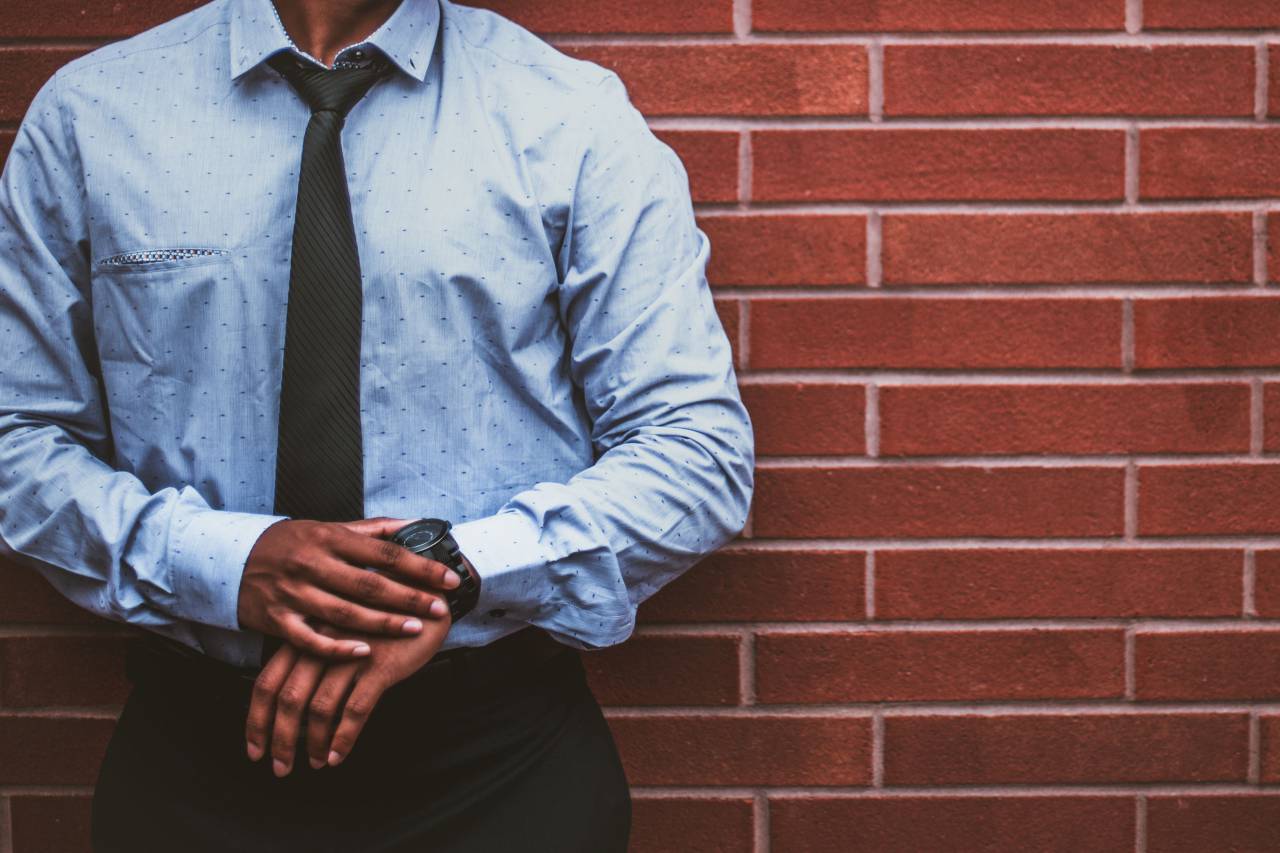 business, waiting, impatient, patient, watch, indian, male, man, guy, person, boy, tie, dress shirt, brick wall, casual
, 