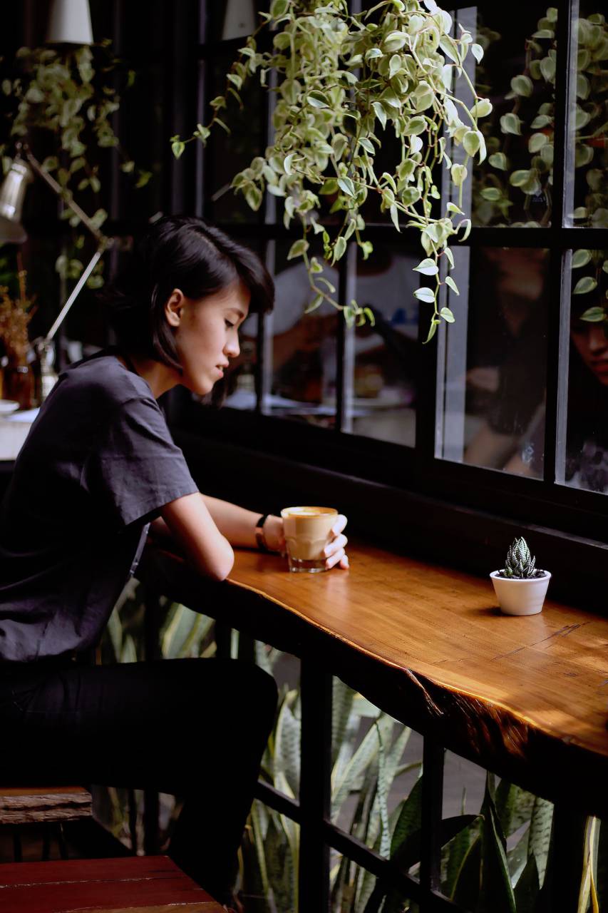 cafe, café, plantas, gente, niña, dama, mujer, hojas,