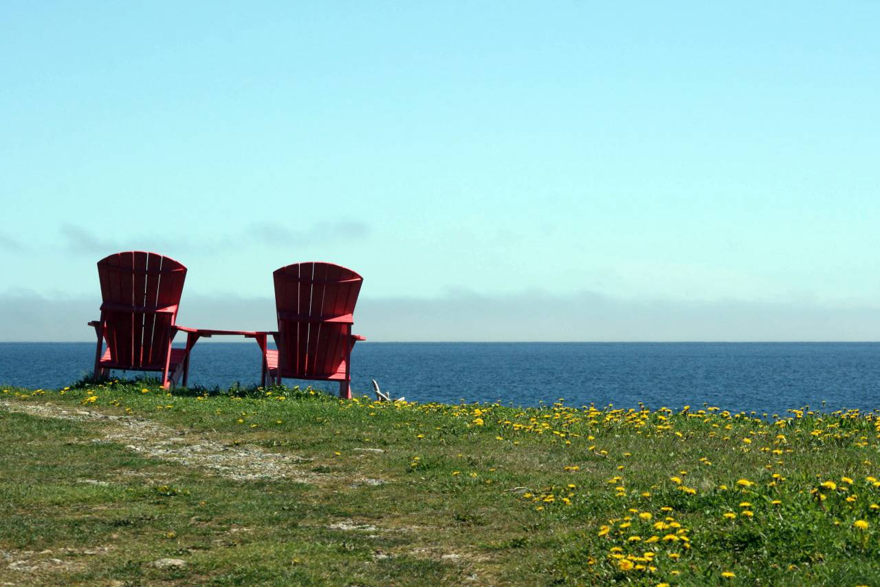 Sillas, agua, vista, Adirondack, océano, mar, par, madera, césped, apuntalar, costa, al aire libre, cielo, horizonte,