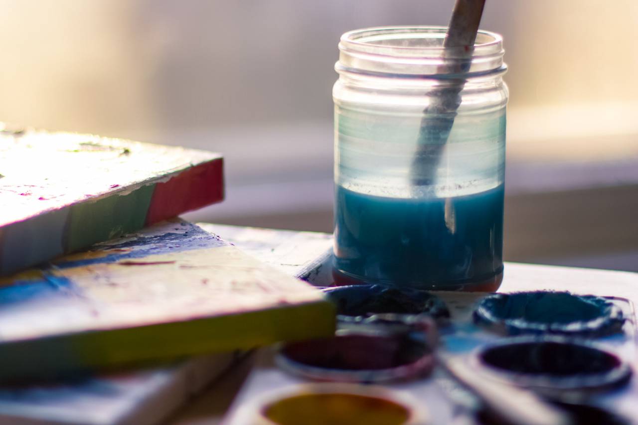 clean, paint, brush, blue, glass, jar, easel, color, studio, office
, 
