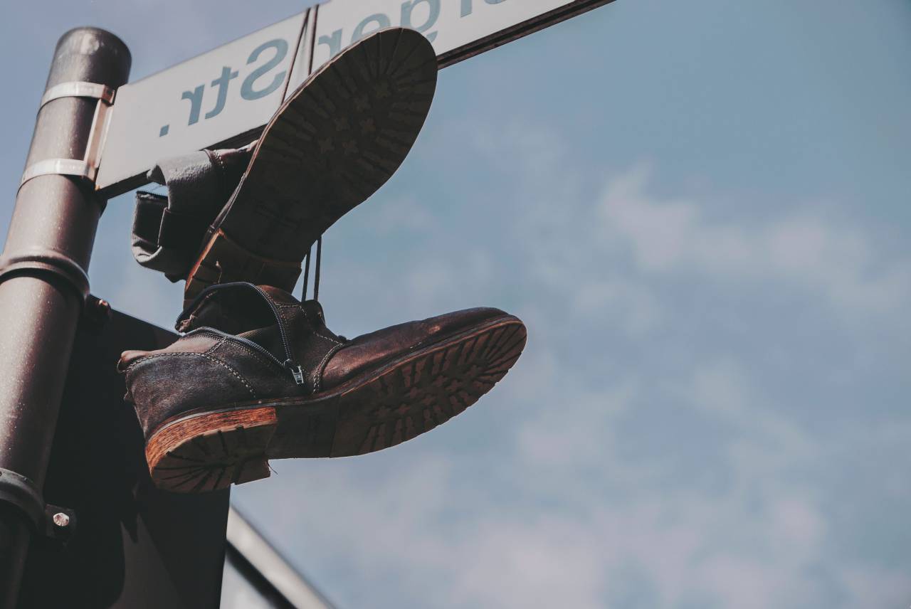 clouds, sky, street, sign, shoe, footwear, hang
, 