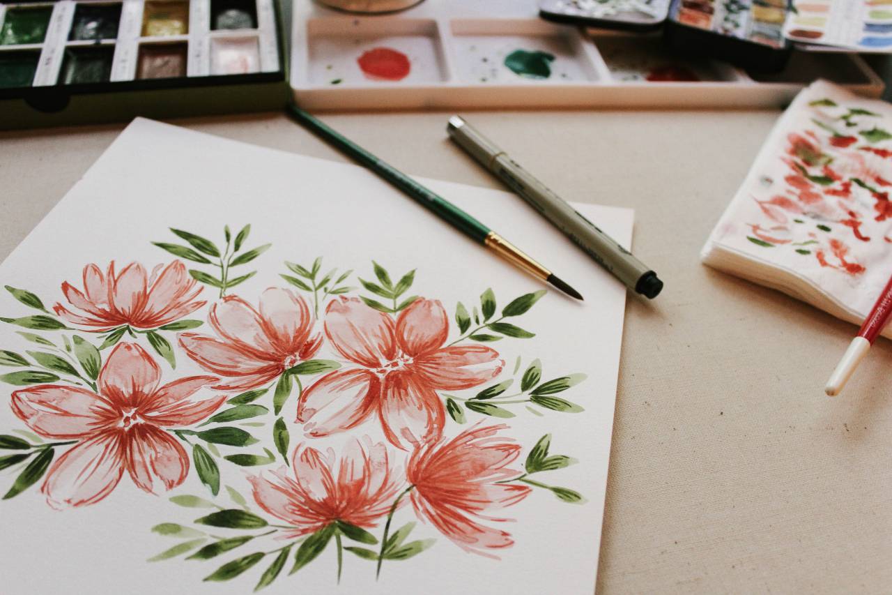 flor, rosa, pétalo, florecer, jardín, planta, naturaleza, otoño, otoño, pintar, dibujar, arte, hojas, verde, acuarela, papel,