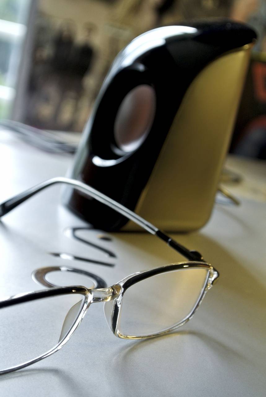 vidrio, gafas, parlantes, altavoz, computadora vaio,