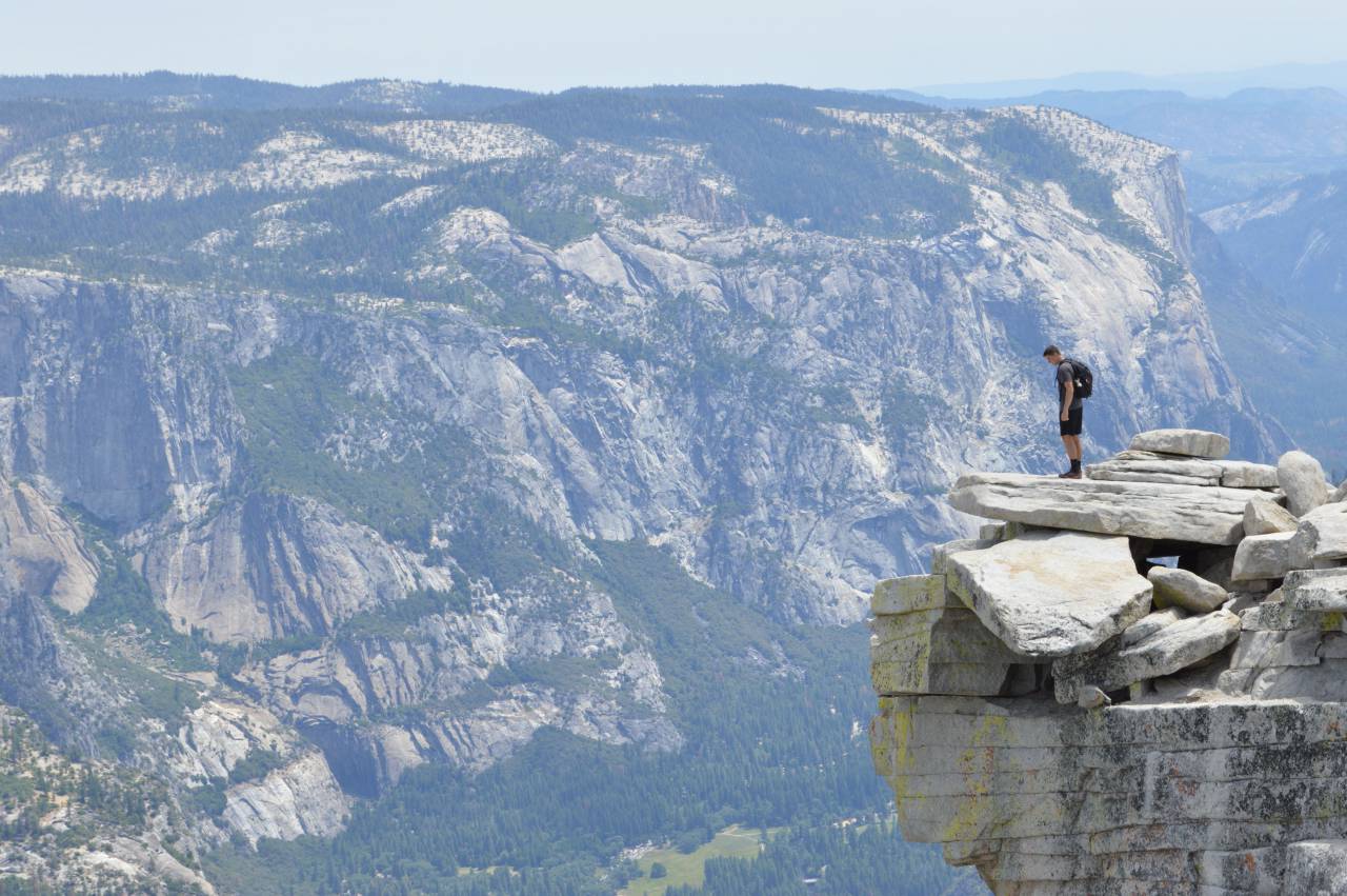 guy, man, male, people, side, view, stand, trek, hike, climb, nature, mountains, rocks, cliff, trees, vegetation, grass, trees, slope, sky
, 