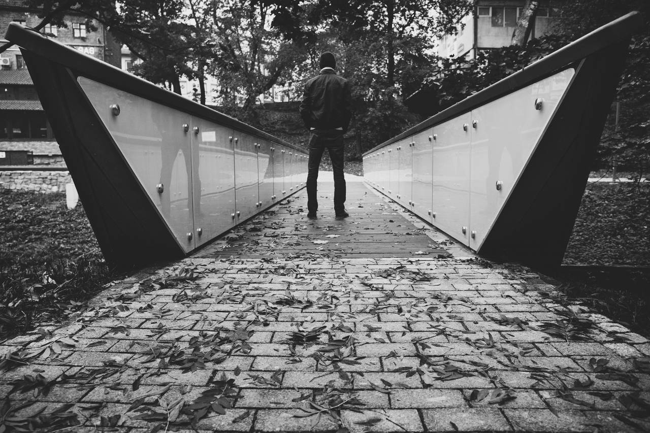 chico, hombre, gente, puente, arquitectura, piedras, hojas, otoño, otoño, al aire libre, naturaleza, en blanco y negro,