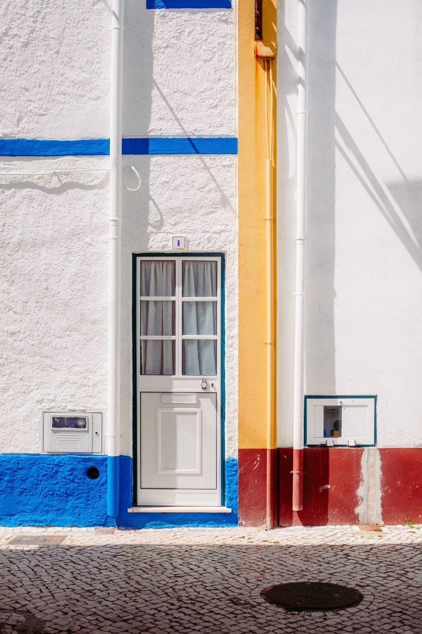house, home, residence, exterior, concrete, walls, pipes, colors, door, boxes, lines, linear, patterns, floor, brick, manhole, blue, yellow, red, minimalist
, 