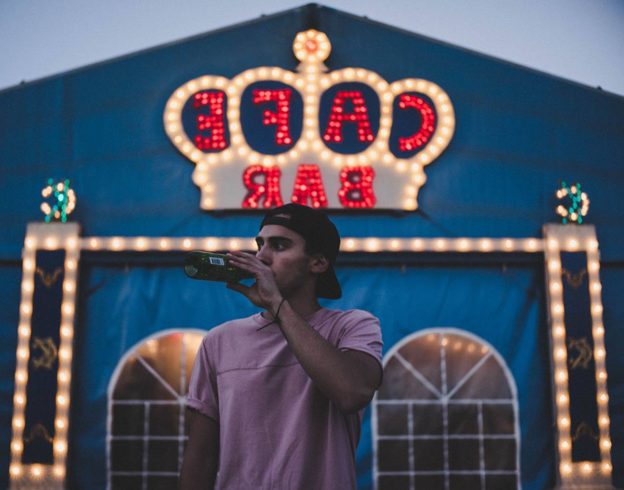 man, drinking, beer, cafe, bar, restaurant, cap, hat, people, food, drink, neon.light, typography, glow
, 
