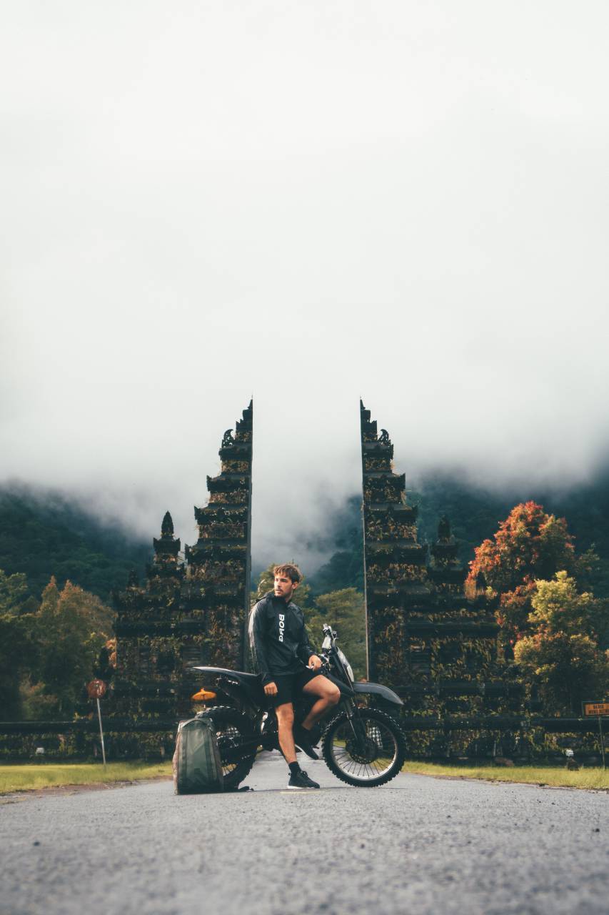man, motorbike, adventure, mist, ruins, building, transport, bike, rucksack, road
, 