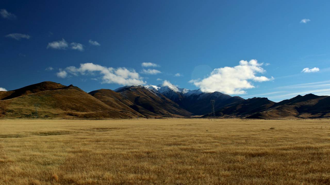 mountain, grass, nature, landscape, highland, blue, sky, clouds, transmission, line
, 