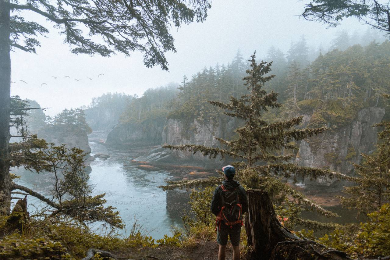montaña, tierras altas, nube, cielo, paisaje, naturaleza, valle, río, agua, madera, árboles, plantas, gente, excursionismo, viajar, solo, al aire libre, aventuras, hombre, chico, brumoso,