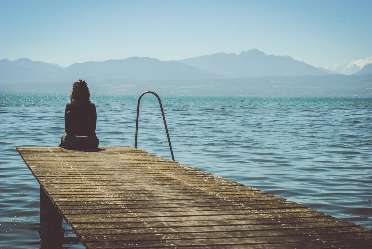 mountain, nature, landscape, sky, clouds, sea, ocean, water, pathway, bridge, people, girl, woman, relax
, 