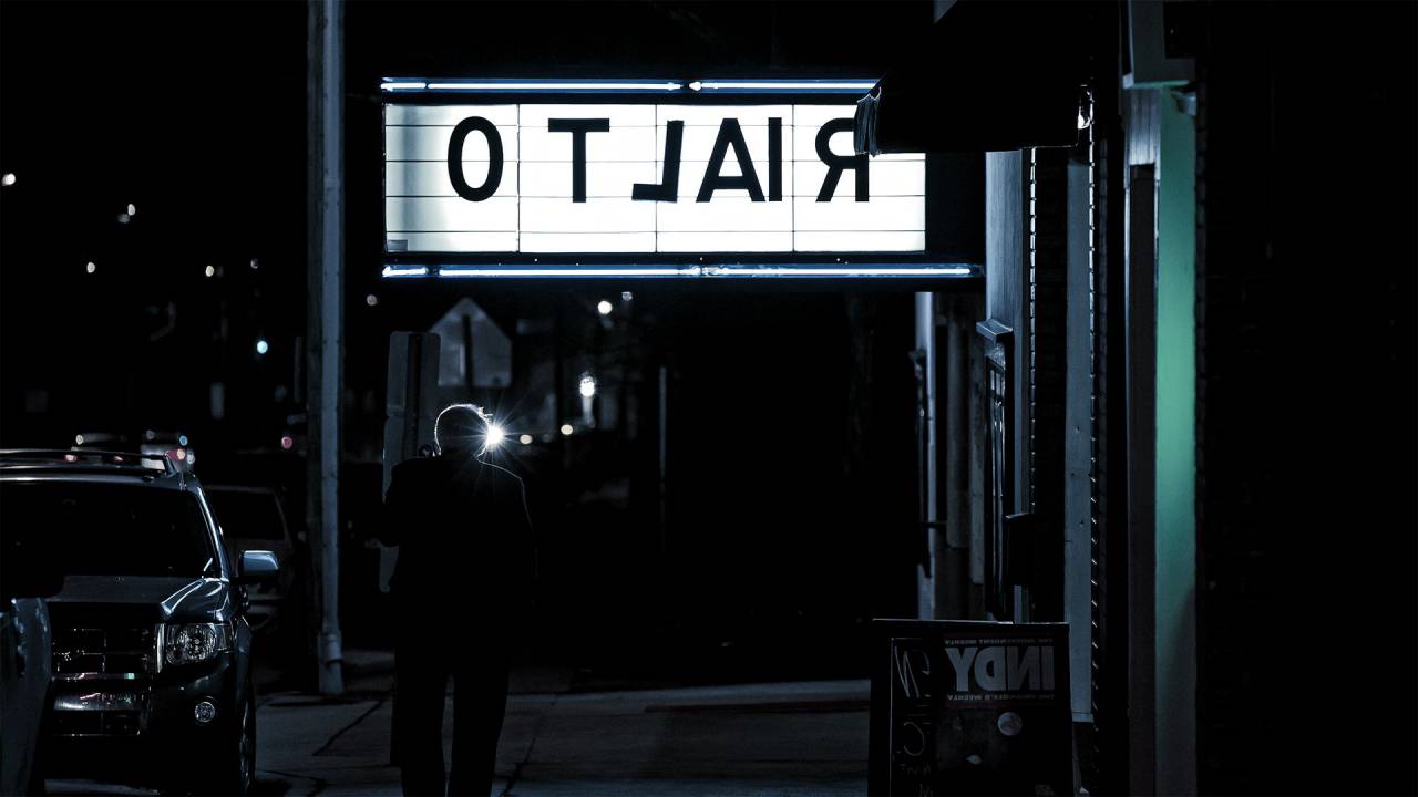 Cine, teatro, noche, tarde, entretenimiento, firmar, calle, ciudad, oscuro,