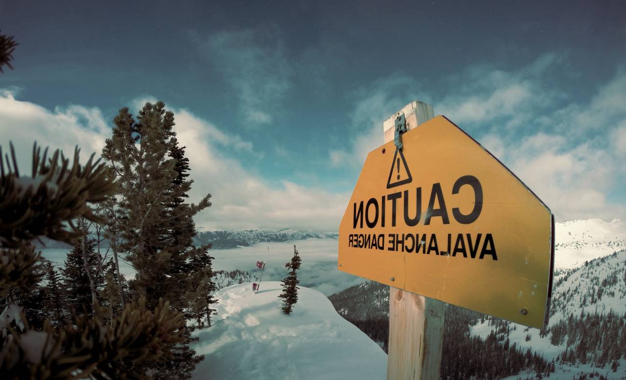 nature, landscape, mountains, summit, peaks, snow, forests, trees, sky, clouds, sign, caution, danger, yellow, blue, white
, 
