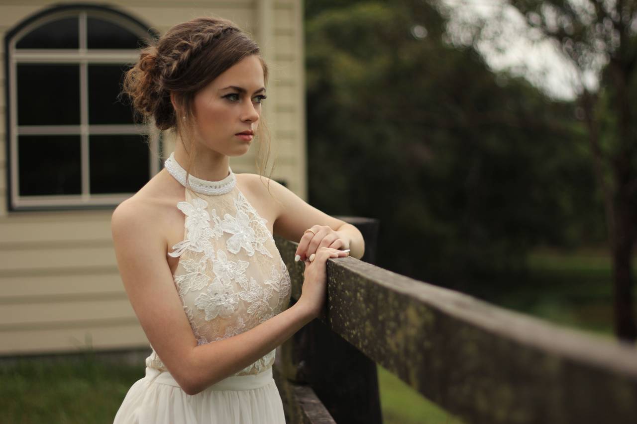 Gente, niña, solo, belleza, impecable, piel, blanco, vestido, casa, difuminar,
