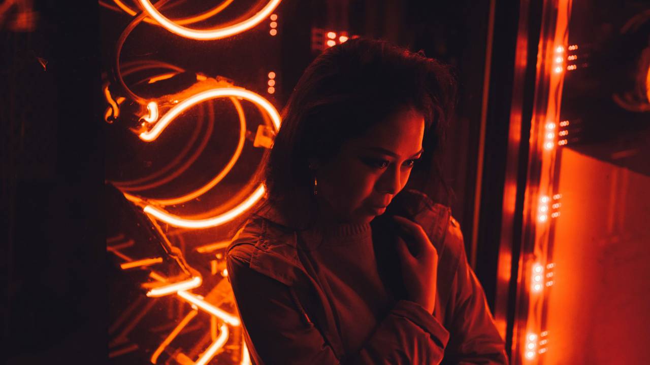 gente, mujer, niña, dama, rojo, luces, club,