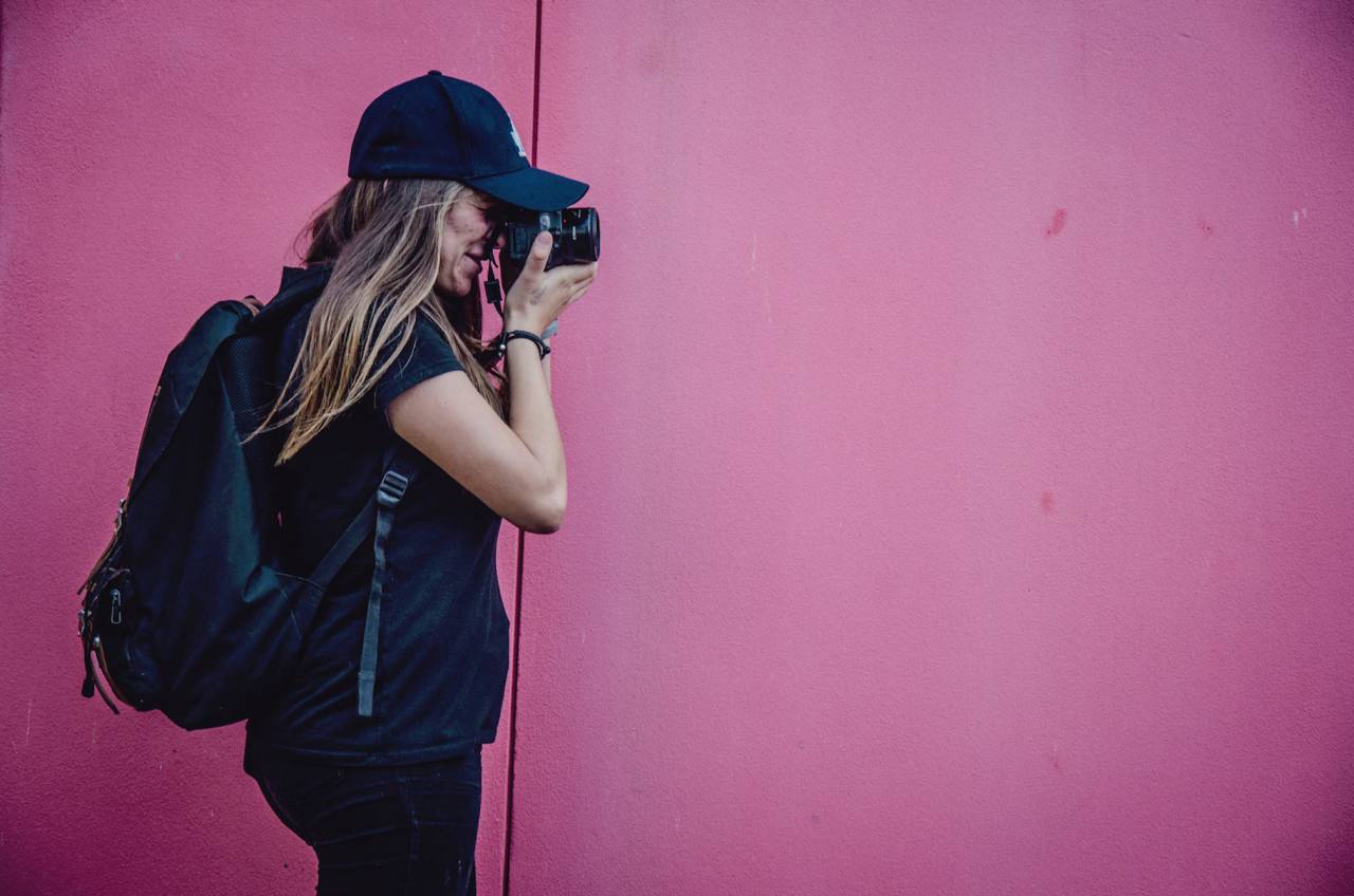 Rosa, paredes, gente, niña, dama, mujer, fotógrafo, cámara,