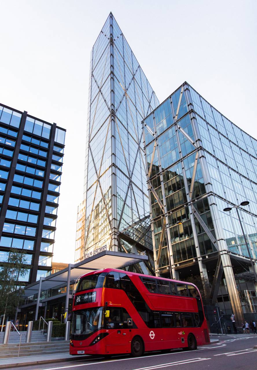 red, bus, skyscraper, glass, urban, transportation, city, tall, building, buildings, sky, travel, commuting, touring, transport
, 