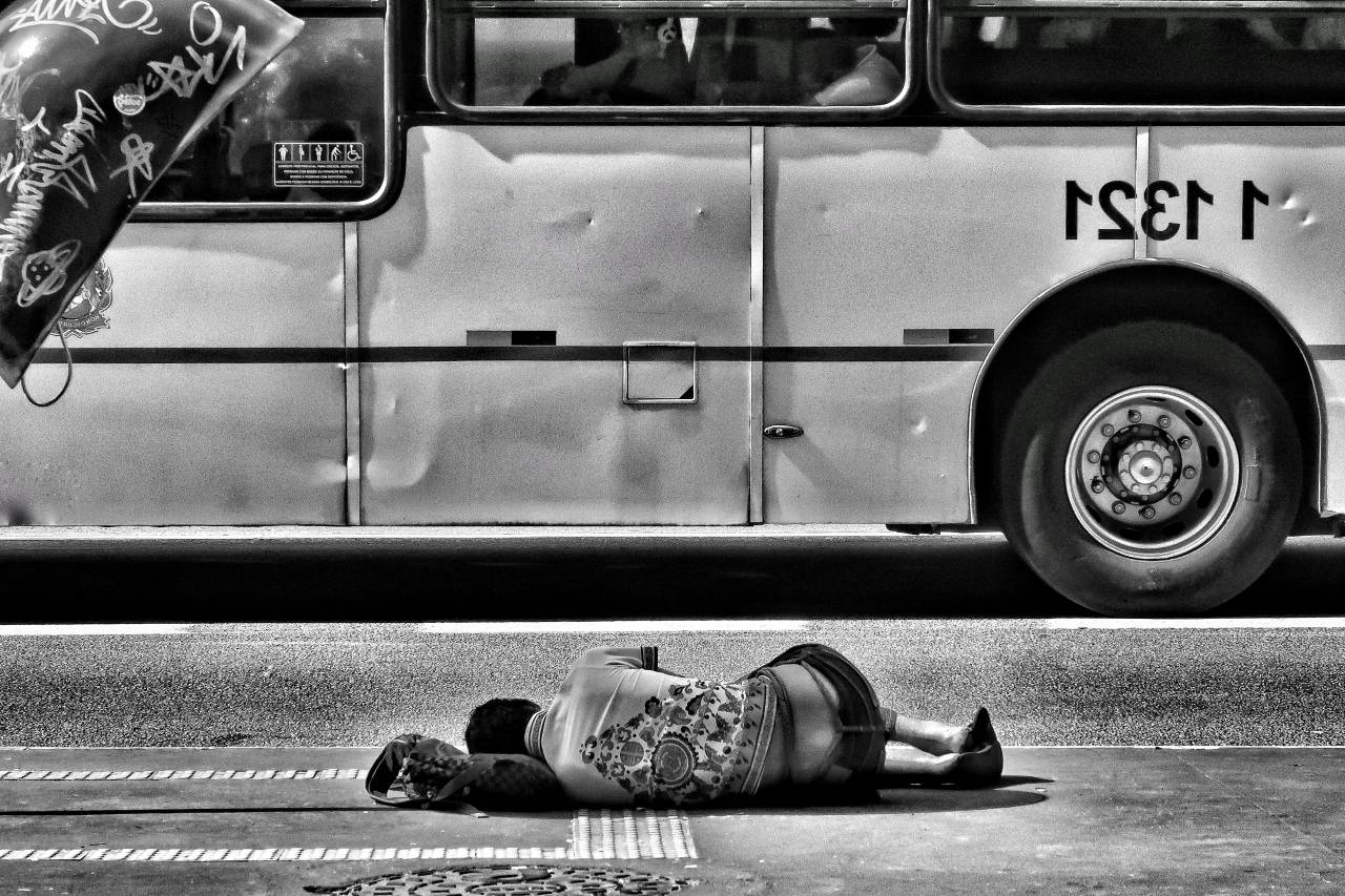 road, street, vehicle, bus, transportation, people, sleeping, poor, homeless
, 