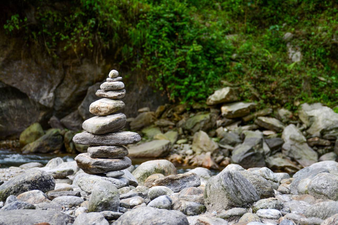 rocha, pedra, meditação, água, rio, lago, rio, verde, folhas,