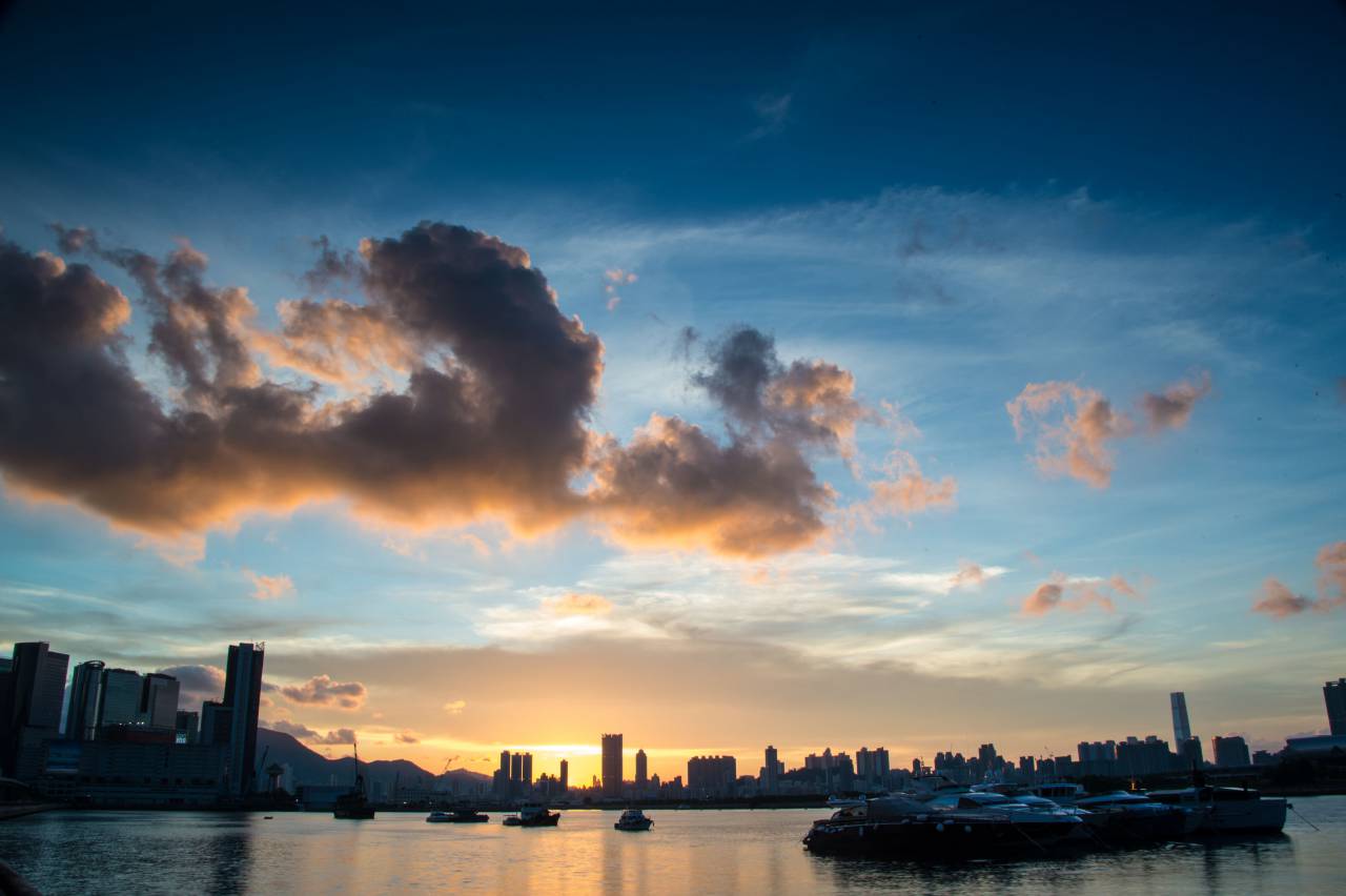 sea, ocean, dark, clouds, sky, sunset, skyline, buildings, city, urban, boat, yacht, water, transportation, travel
, 