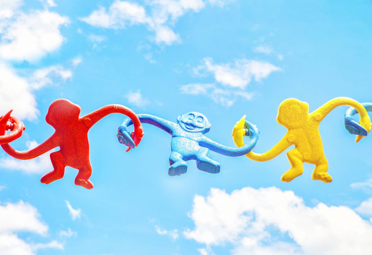 sky, clouds, art, puppet, monkey, colorful, crafts
, 