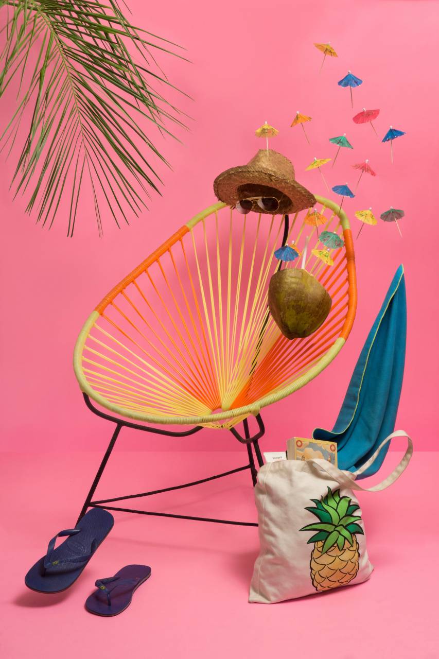 slipper, bag, logo, hat, summer, vacation, sunglasses, chair, relax, beach, coconut, leaf
, 