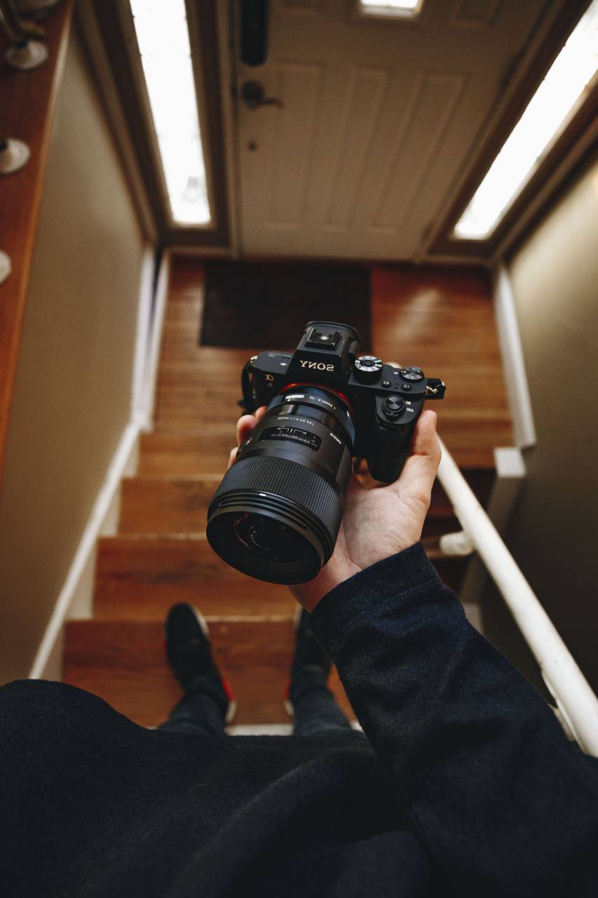 Sony, DSLR, cámara, lente, negro, fotografía, difuminar, escalera, casa, gente, fotografía,