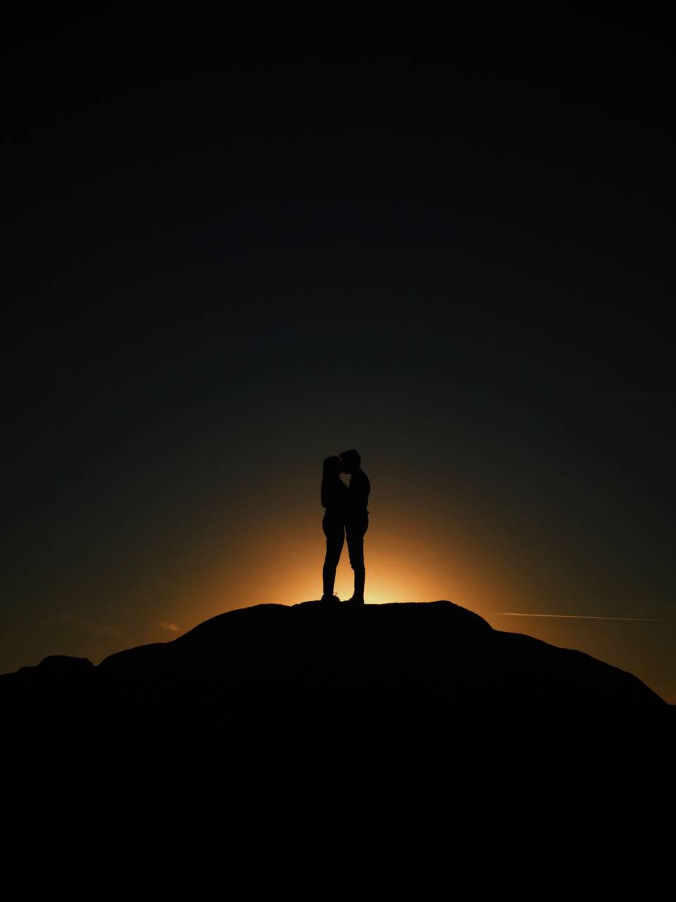 sunset, view, landscape, highland, peak, people, man, woman, kiss, love, couple, date, silhouette, sky
, 