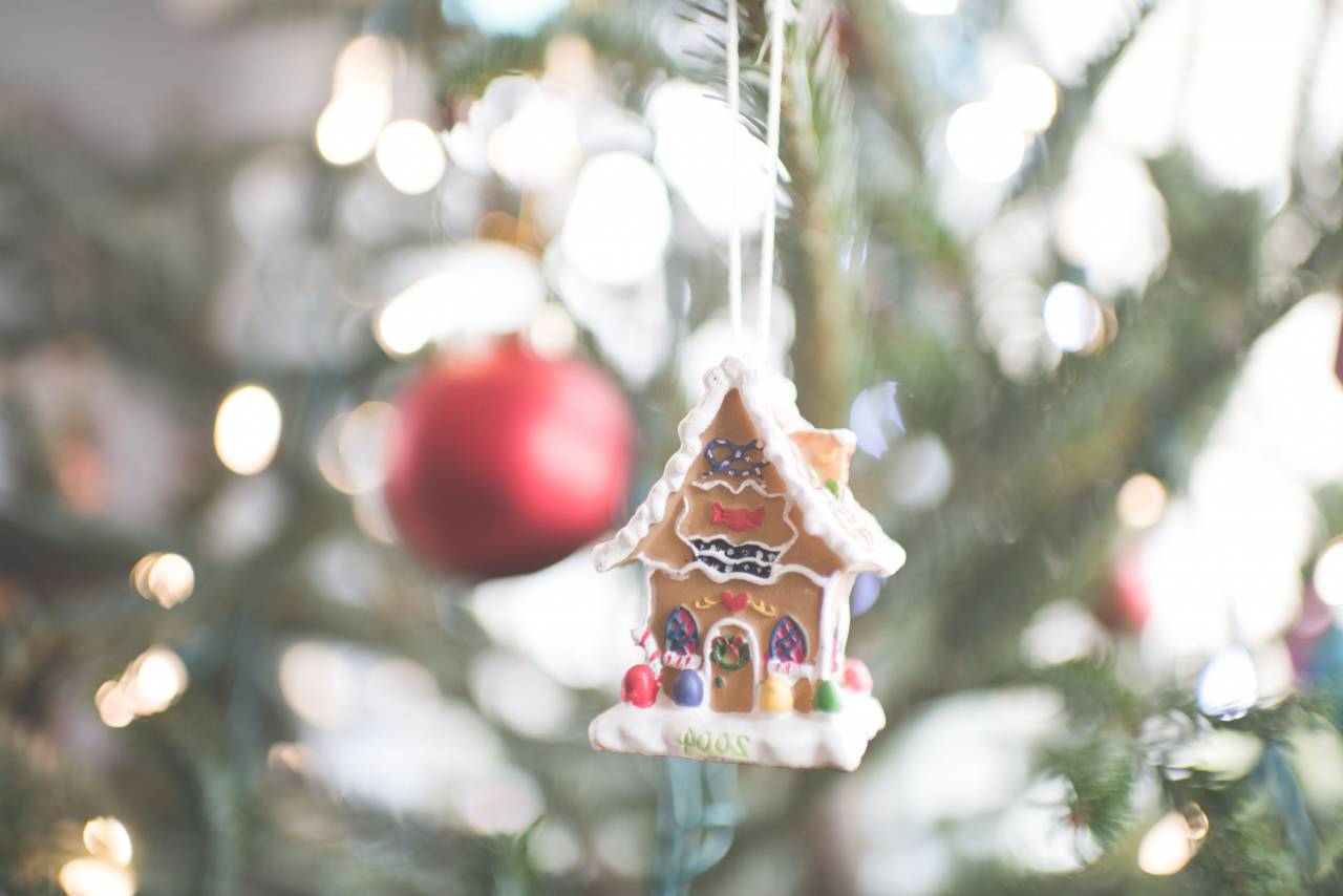 Juguete, casa, rojo, bola, decoración, Navidad, árbol, luces, bokeh, vacaciones,
