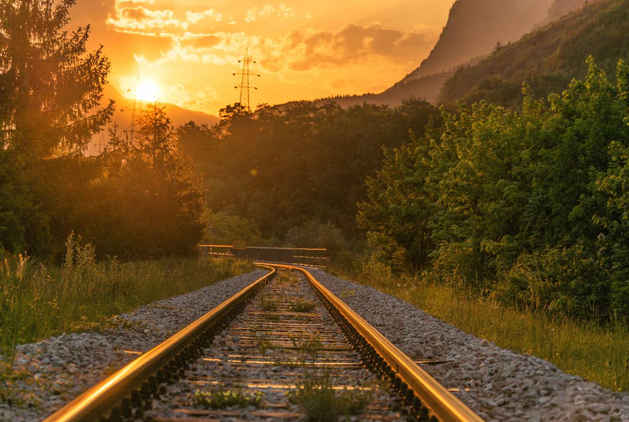 trail, train, station, rail, steel, rocks, forest, woods, trees, grass, sunset, clouds, sky, mountain
, 