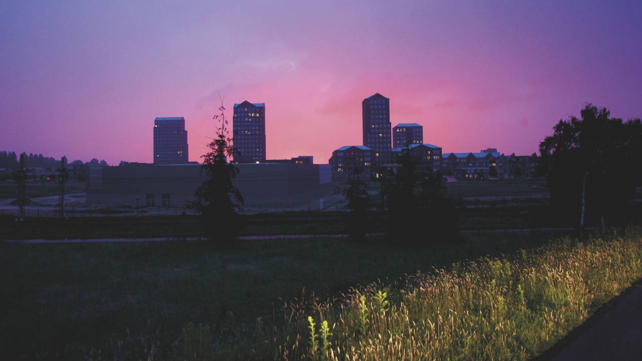 Urbano, ciudad, establecimiento, edificio, estructura, infraestructura, torre, nubes, cielo, rosa, césped, planta,