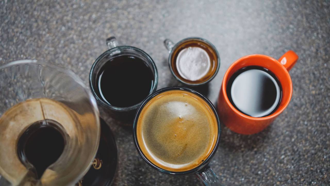 various, coffee, cups, black coffee, mug, glass, red, kitchen, food, drink
, 