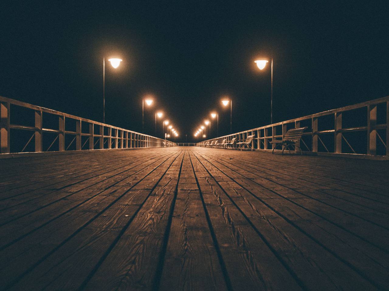wood, boardwalk, pier, dock, night, evening, foggy, railing, lamp posts, lights
, 