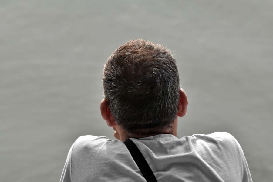 alone, man, think, water, lake, river 