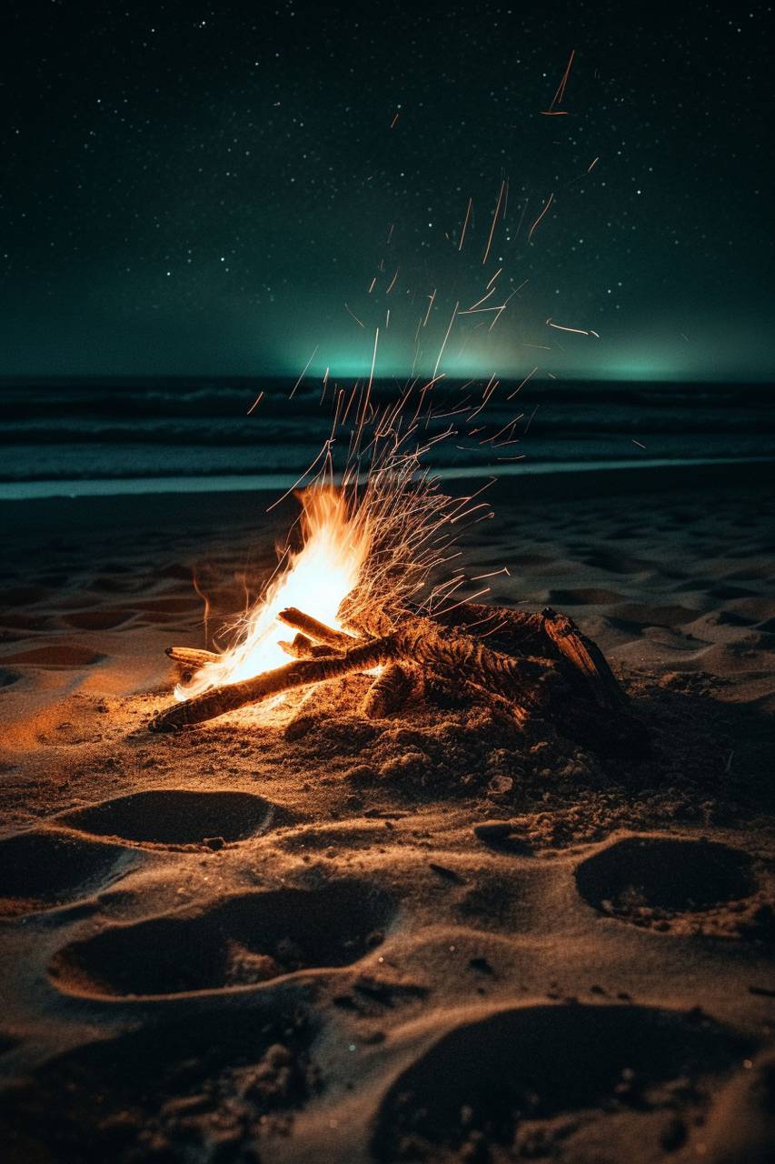 bonfire, beach, fire, sunset, campfire, warmth, flames, ocean, sea, sand, nightfall, romantic, adventure, gathering, friends, summer, vacation, cozy, evening, twilight, light, glow, celebration, party, freedom, relaxation, outdoor, travel, camping, nature