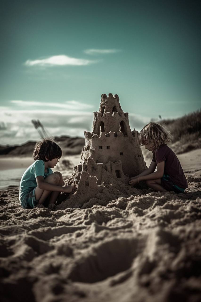 children, kids, sandcastle, beach, play, summer, ocean, sea, sand, fun, creativity, childhood, innocence, friends, siblings, family, vacation, holiday, sun, outdoor, sunny, happiness, bonding, carefree, teamwork, adventure, seaside, memories, leisure, imagination