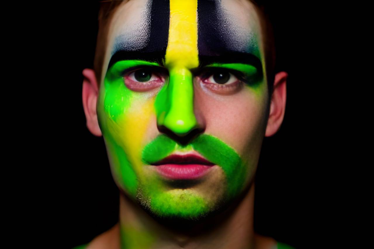fútbol;ventilador;brasil;pintado;cara,hombres,una persona,pintura facial,etnicidad caucásica,rostro humano,adulto,retrato,pintura,fondo negro,deporte,mirando a la cámara,primer plano,adulto joven,mirando,color verde ,machos,