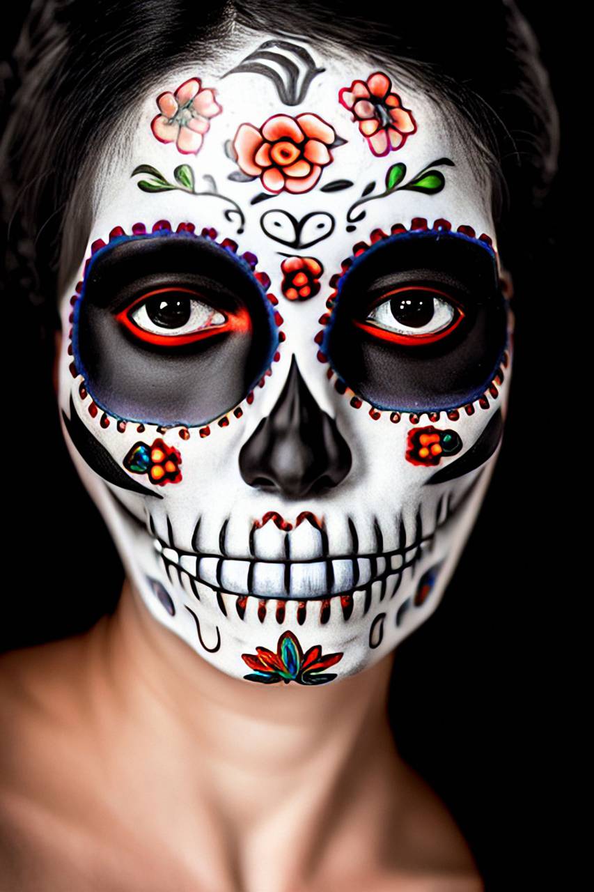 Día de Muertos;cráneo;cara pintada,halloween,rostro humano,retrato,mujer,adulto,una persona,belleza,cráneo humano,decoración,close-up,
