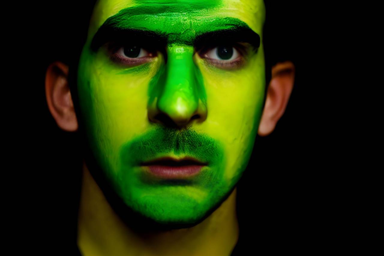 soccer;fan;brazil;painted;face,men,one person,human face,portrait,adult,looking at camera,close-up,caucasian ethnicity,green color,black background,looking,males,face paint,studio shot, 